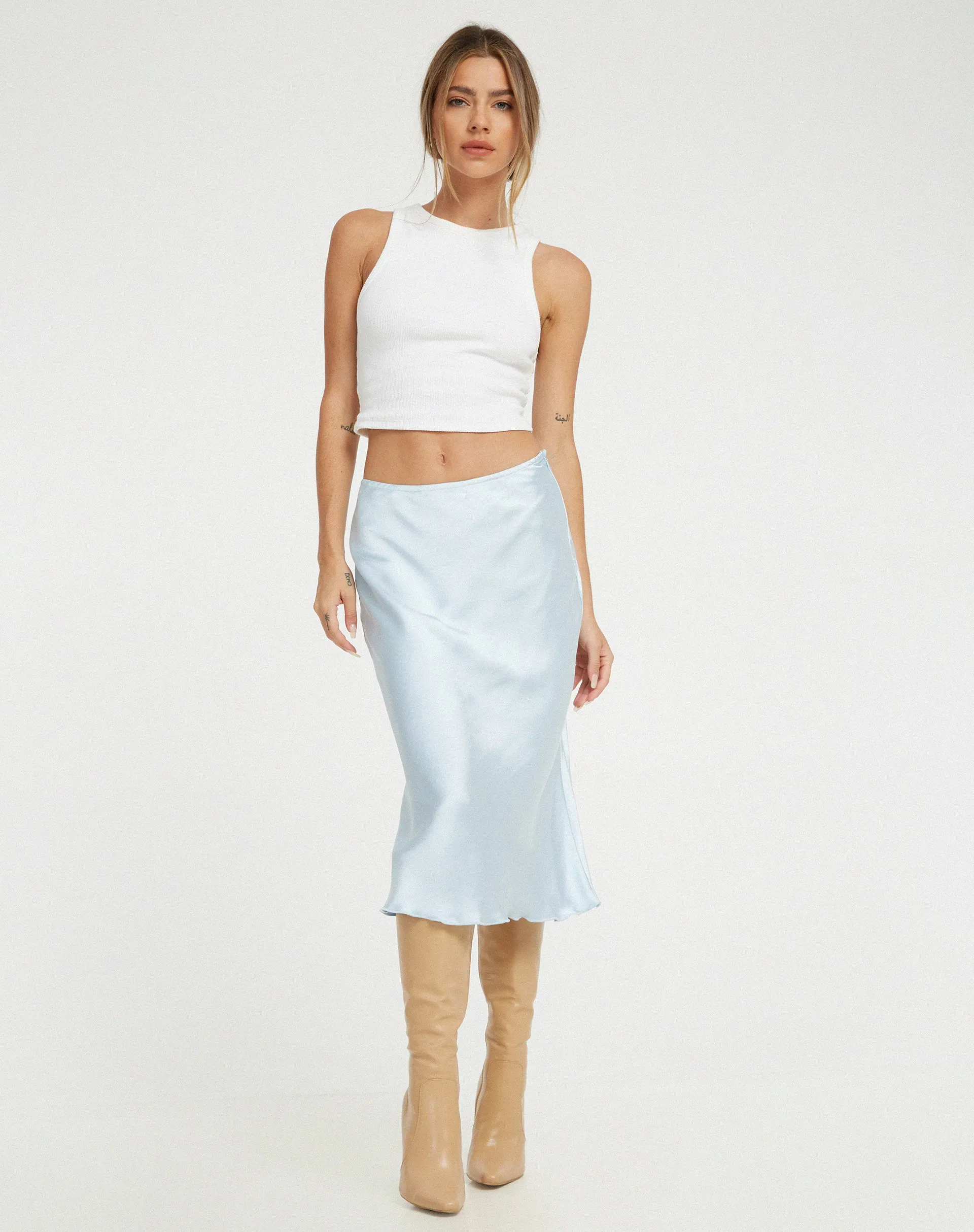 Goya Midi Skirt in Satin Ice Blue