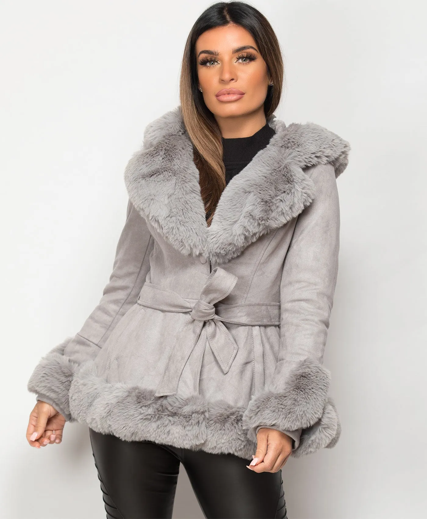 Grey Faux Suede Fur Trim Hem Hooded Swing Jacket