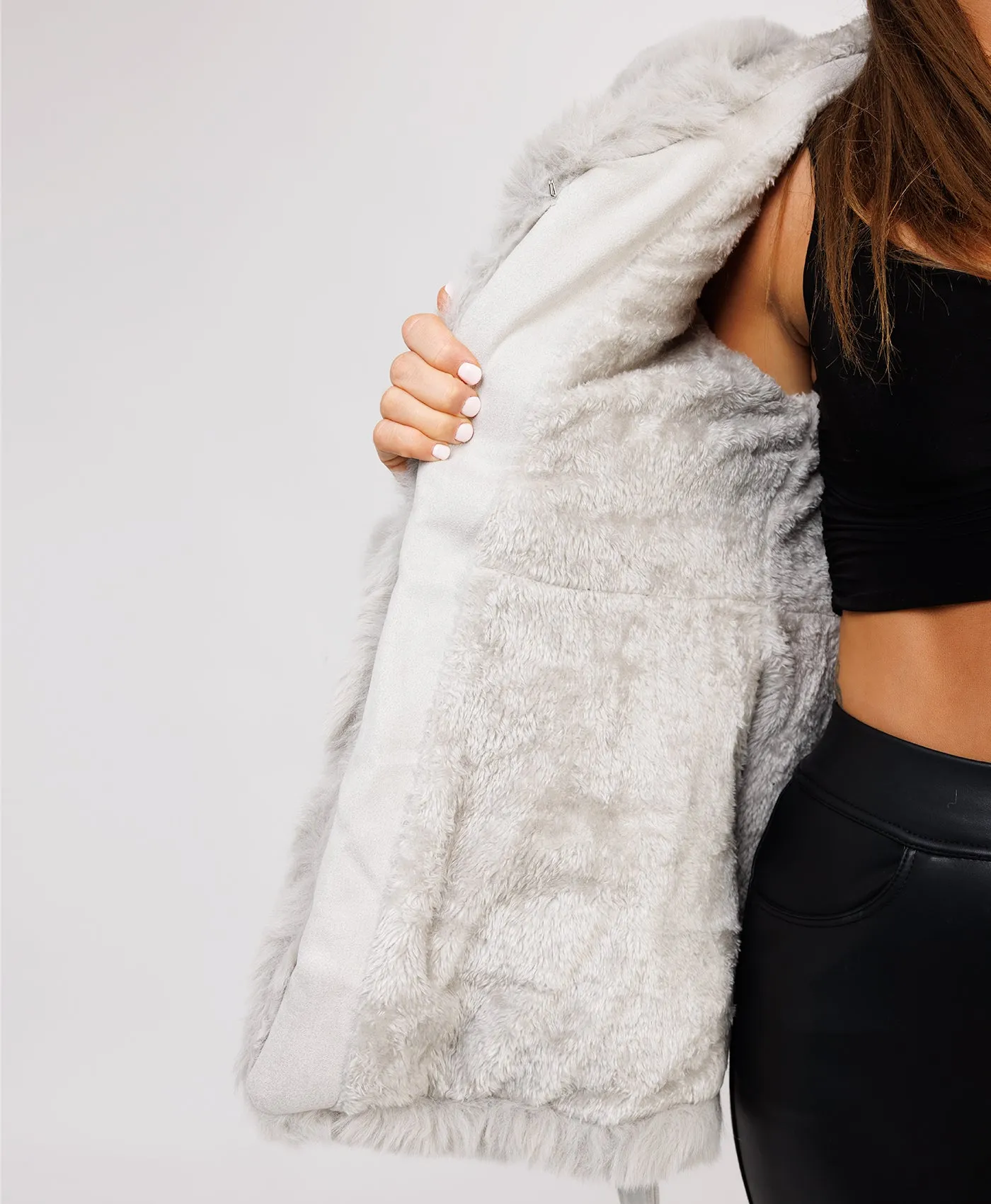 Grey Faux Suede Fur Trim Hem Hooded Swing Jacket