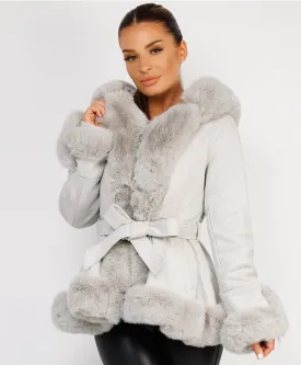 Grey Faux Suede Fur Trim Hem Hooded Swing Jacket