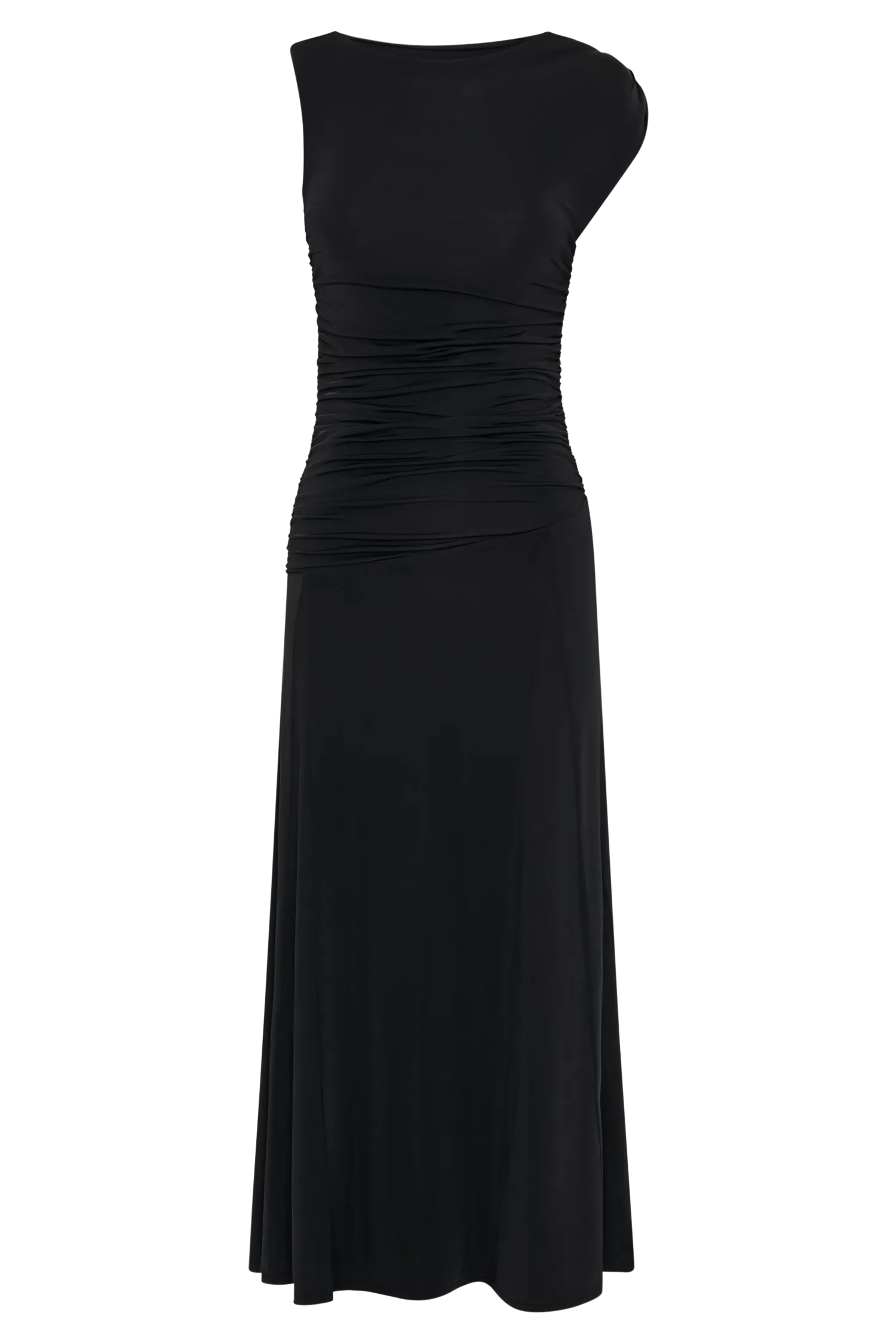 Navanna Asymmetric Slinky Midi Dress - Black