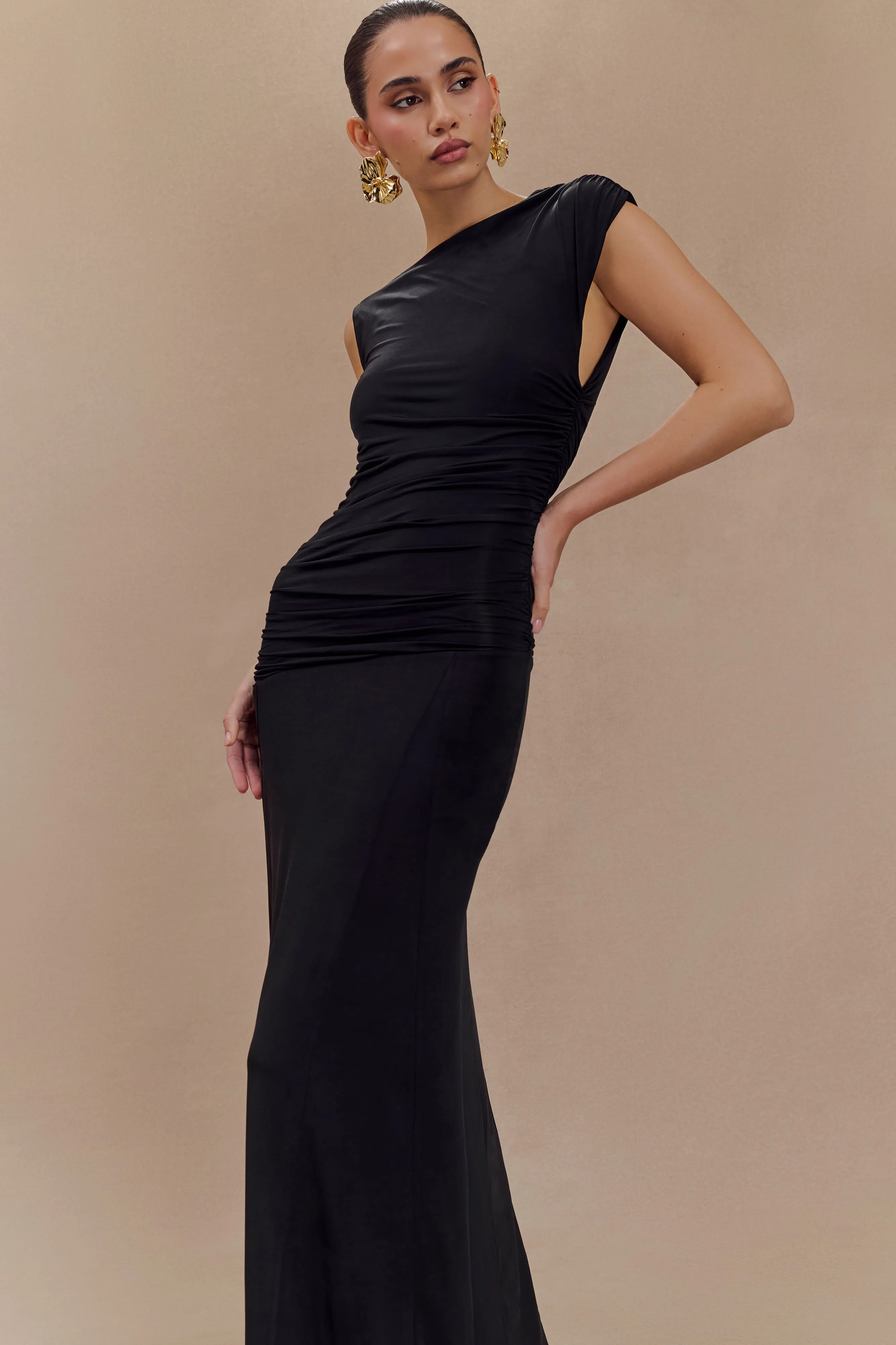 Navanna Asymmetric Slinky Midi Dress - Black