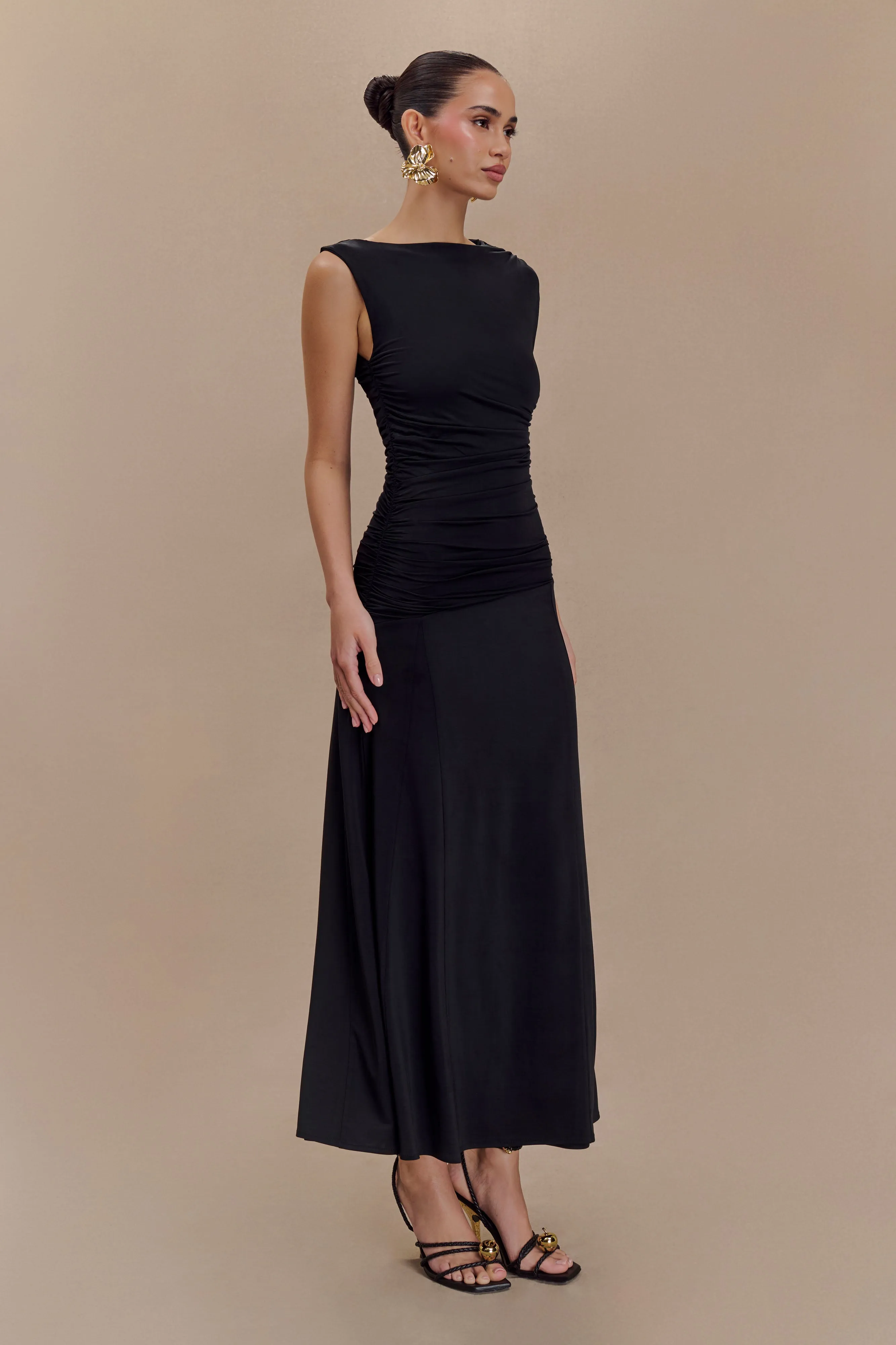 Navanna Asymmetric Slinky Midi Dress - Black