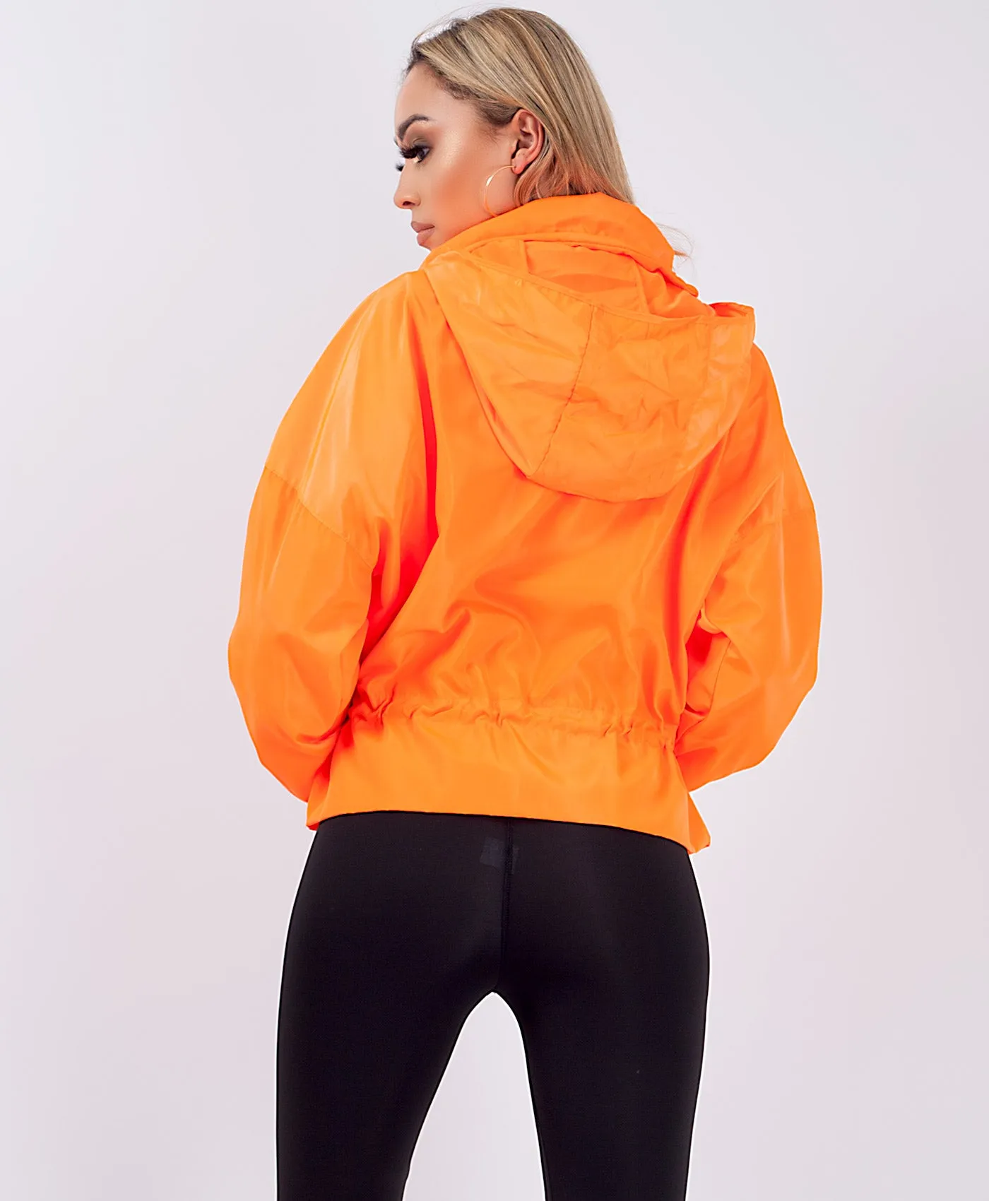 Neon Orange Drawstring Waist Windbreaker Oversize Festival Jacket