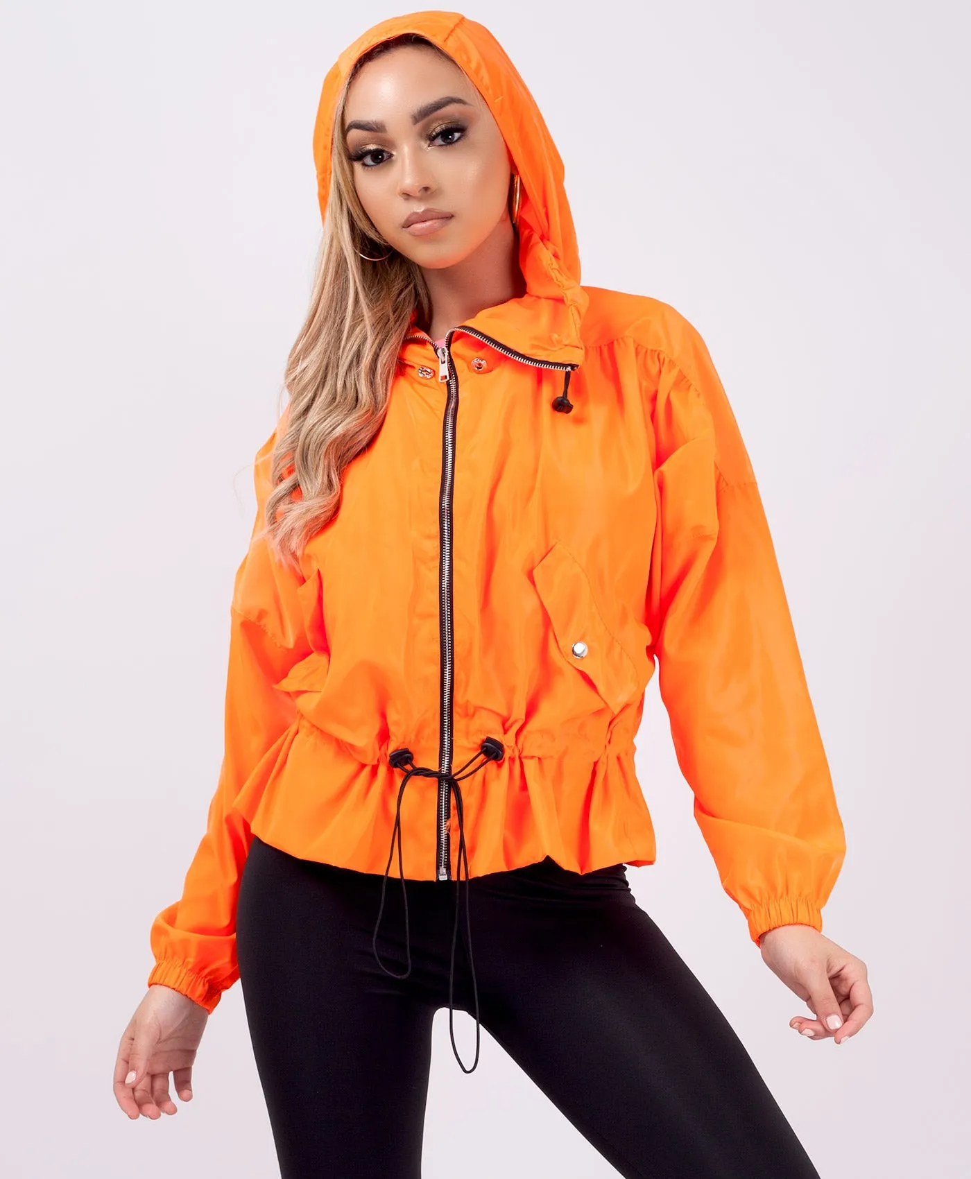 Neon Orange Drawstring Waist Windbreaker Oversize Festival Jacket