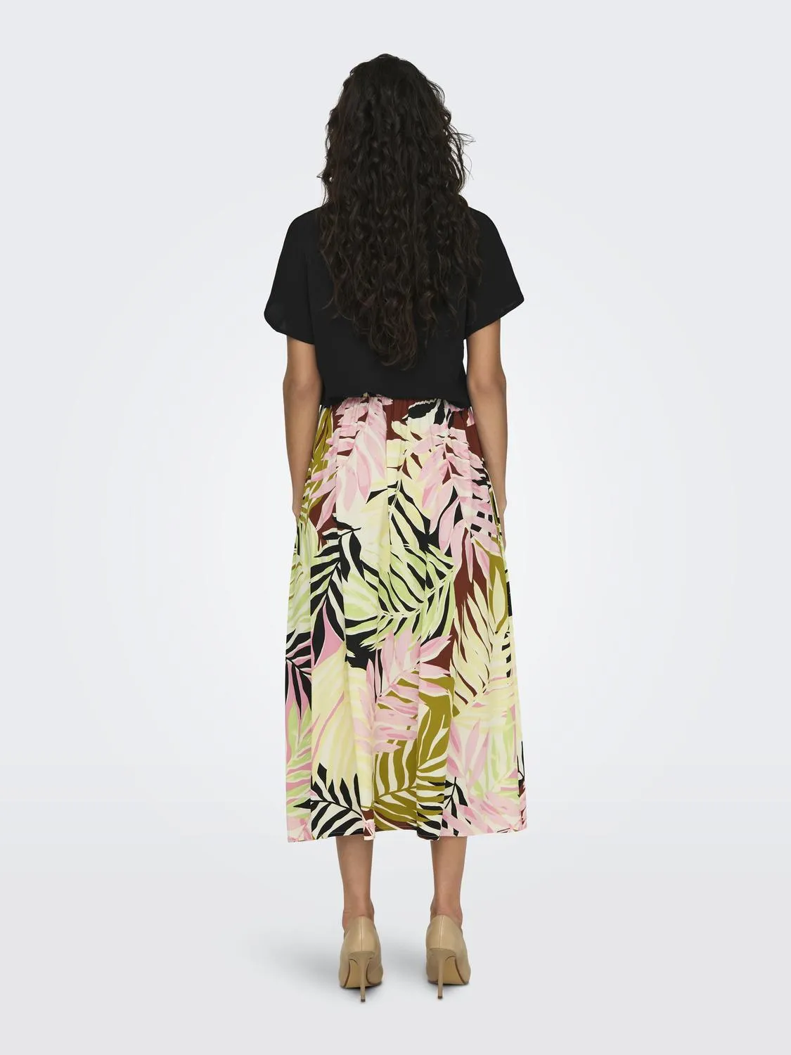 Only - Pink & Green Palm Leaf Midi Skirt