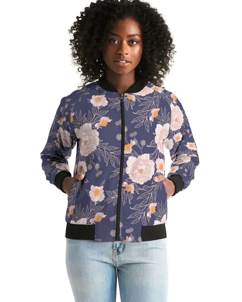 Orange Peonies Floral Orient Blue Women's Bomber Jacket