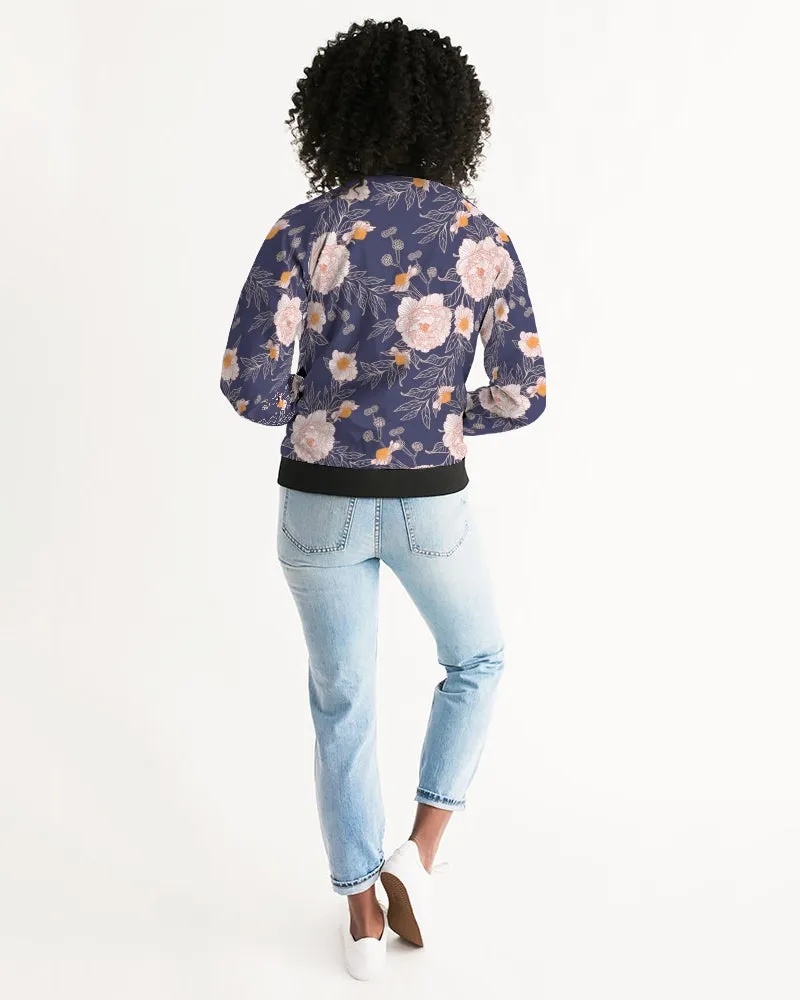 Orange Peonies Floral Orient Blue Women's Bomber Jacket