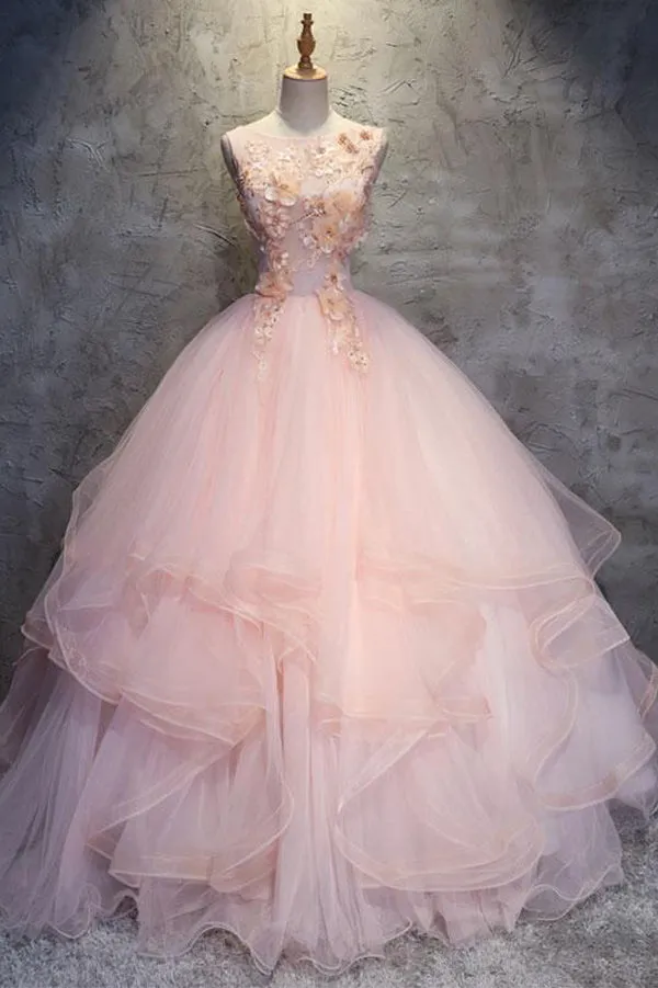 Pink Floor Length Sleeveless Layers Tulle Ruffles Floral Quinceanera Dresses