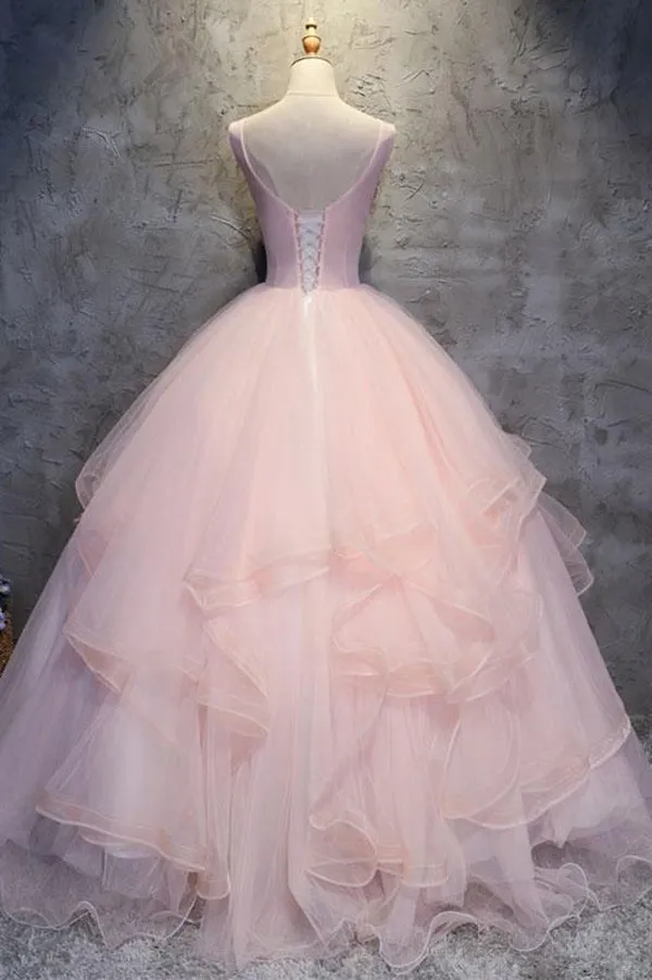 Pink Floor Length Sleeveless Layers Tulle Ruffles Floral Quinceanera Dresses