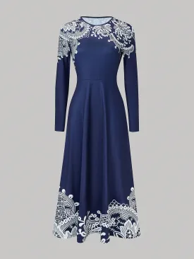 Polka Dot Printed V-Neck Long Sleeve Maxi Dress