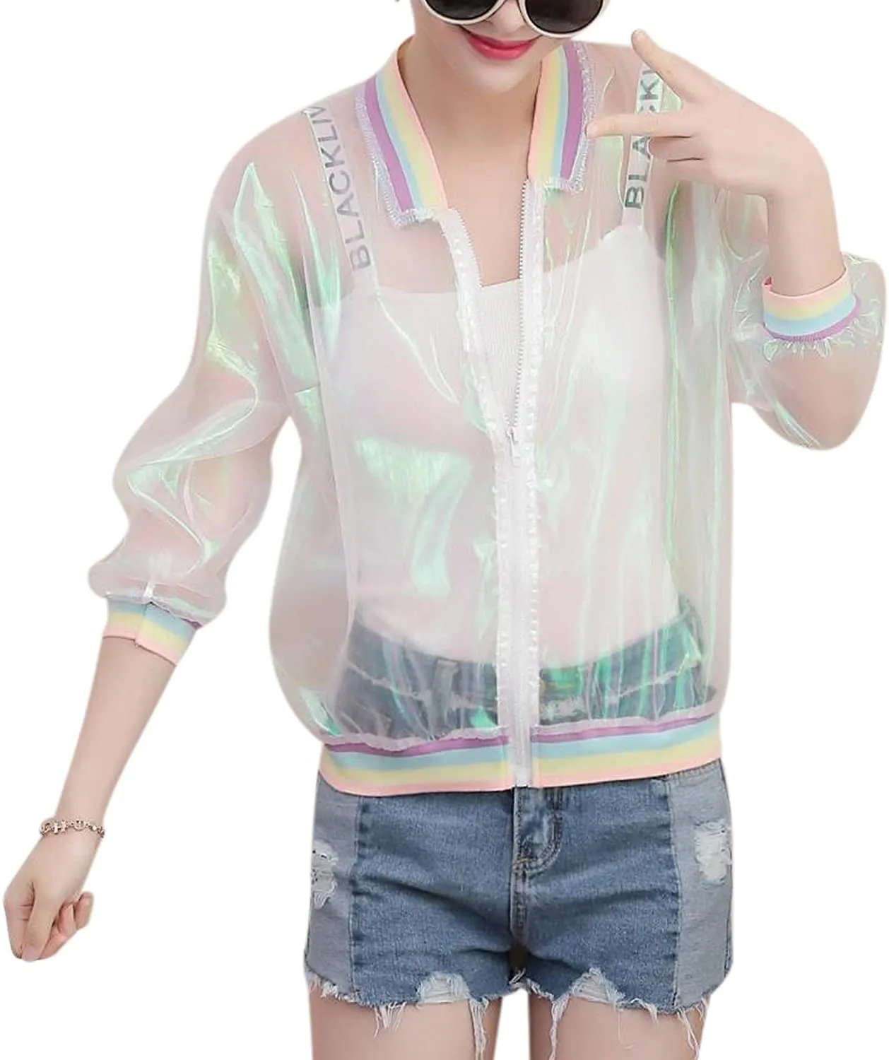 RARITYUS Women Girls Hologram Rainbow Bomber Jacket Iridescent Transparent Summer Sun-Proof Coat