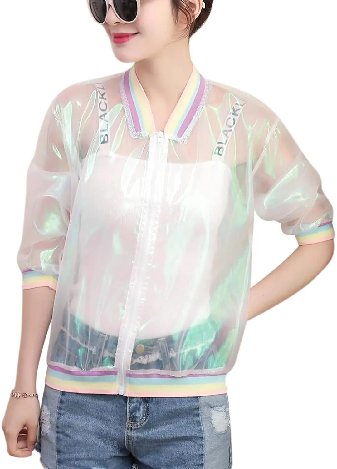 RARITYUS Women Girls Hologram Rainbow Bomber Jacket Iridescent Transparent Summer Sun-Proof Coat