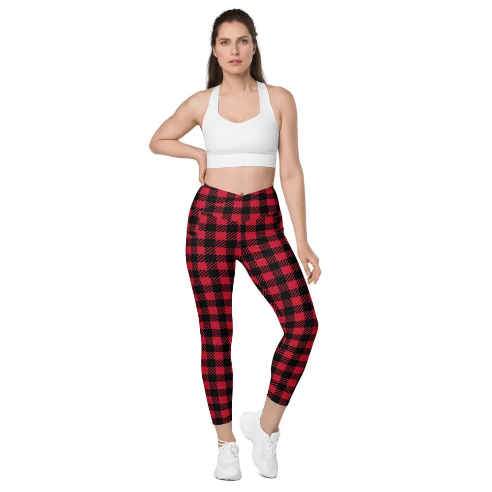 Red Plaid Printed Leggings, Best Designer Printed Crossover Leggings With 2 Side Pockets