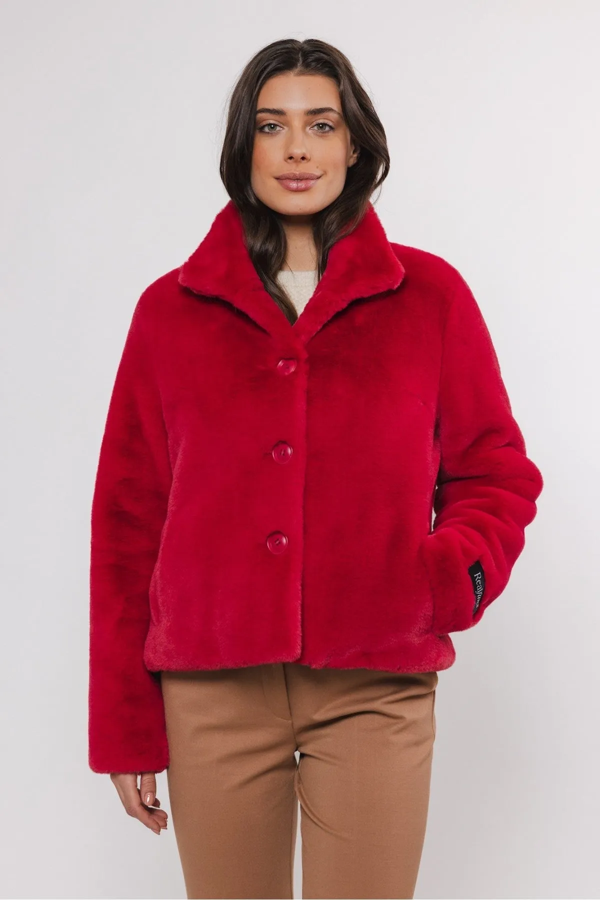 Red Single Breasted Faux Fur Jacket