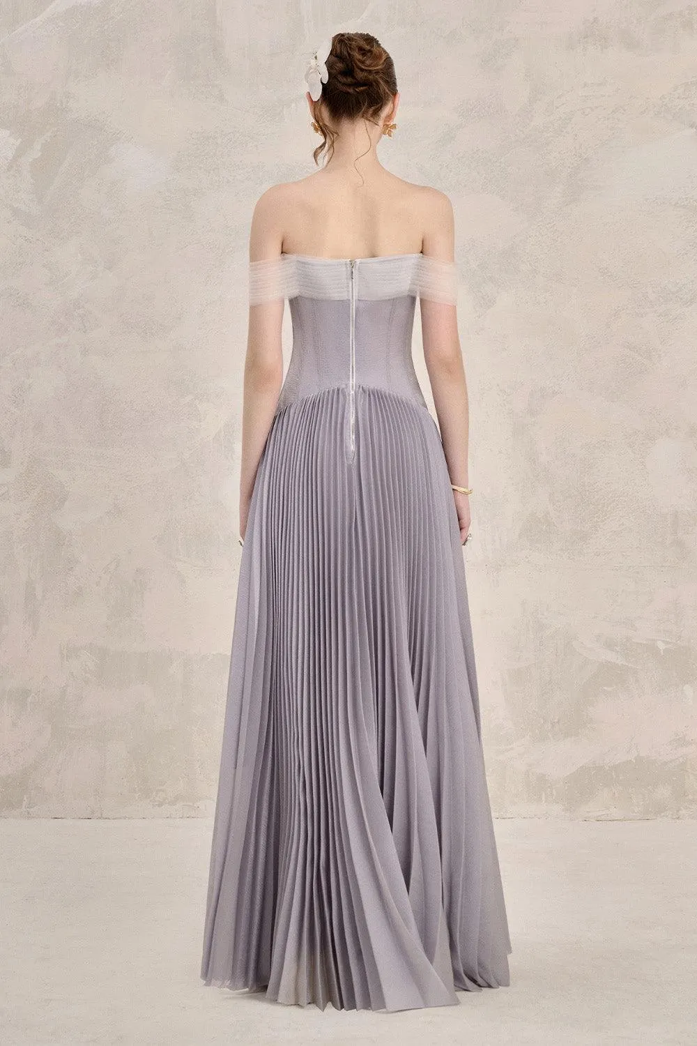 Riona Pleated Off-Shoulder Silk Floor Length Dress