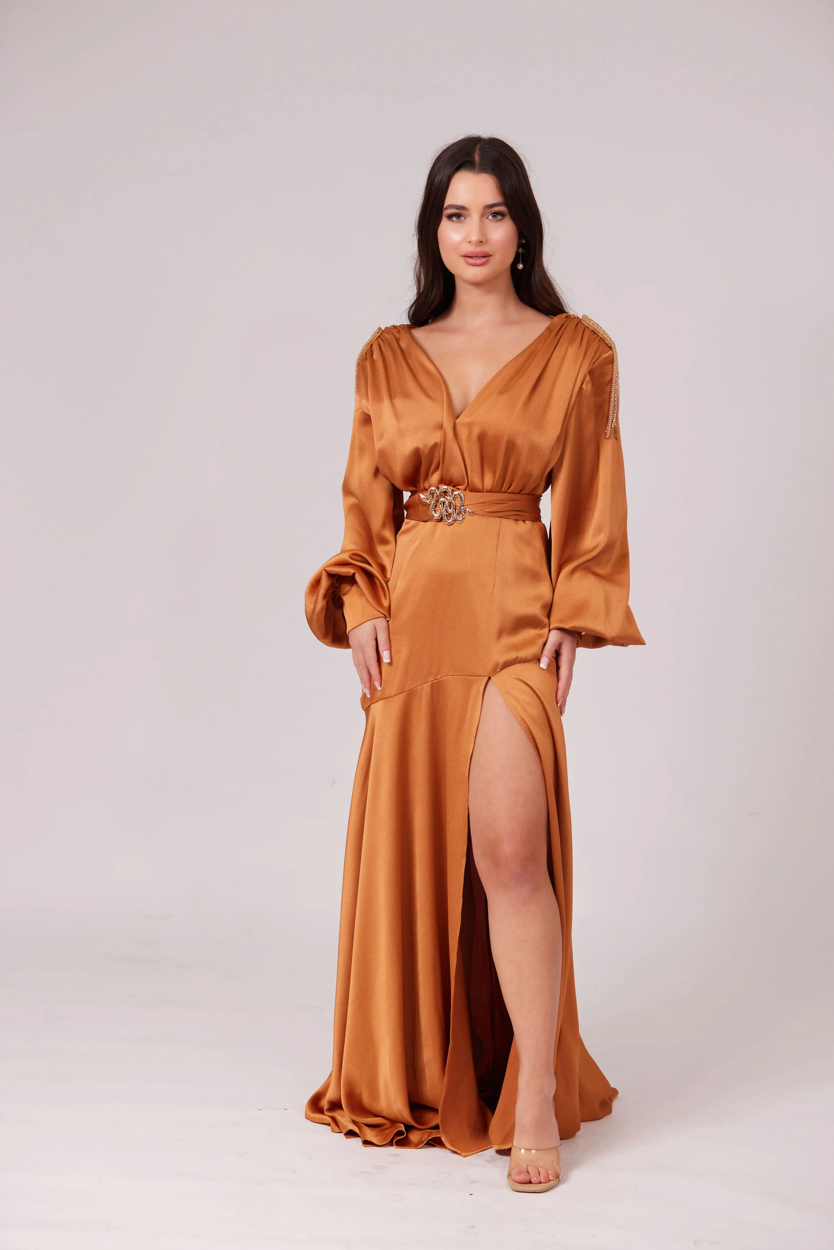 SABRINA GOLDEN CARAMEL V-Neck Slit Maxi Dress