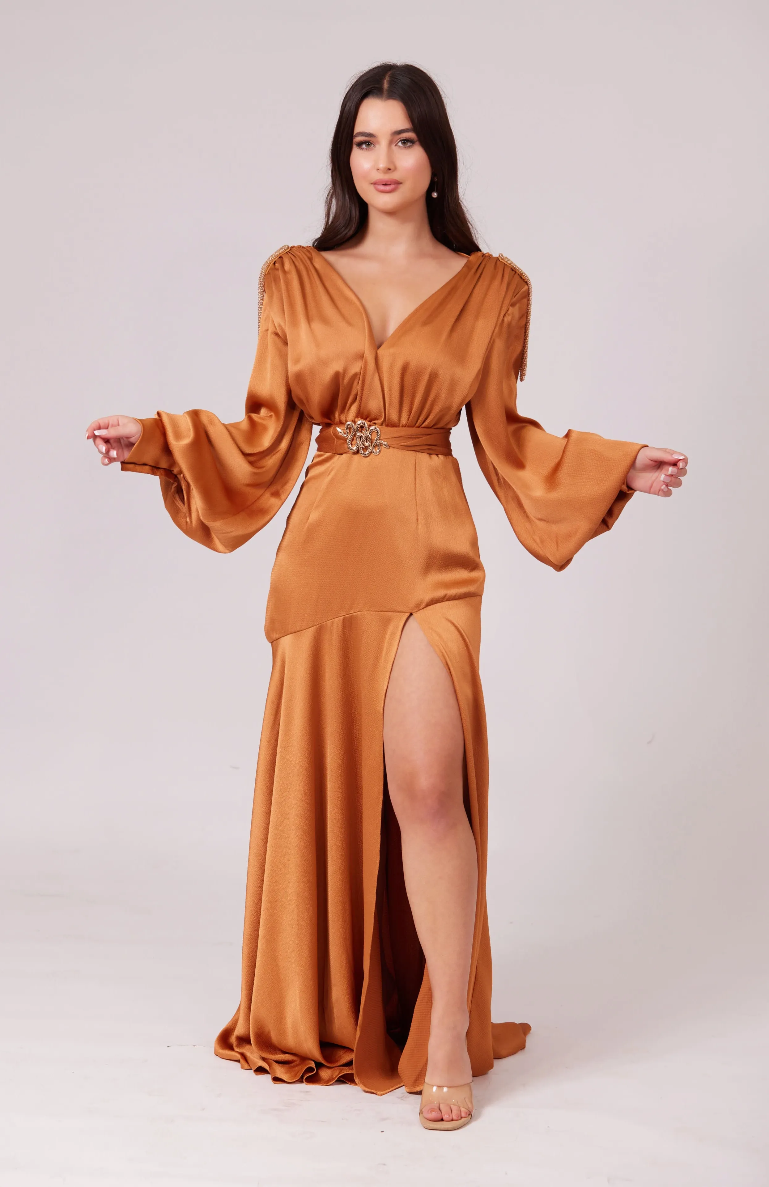 SABRINA GOLDEN CARAMEL V-Neck Slit Maxi Dress