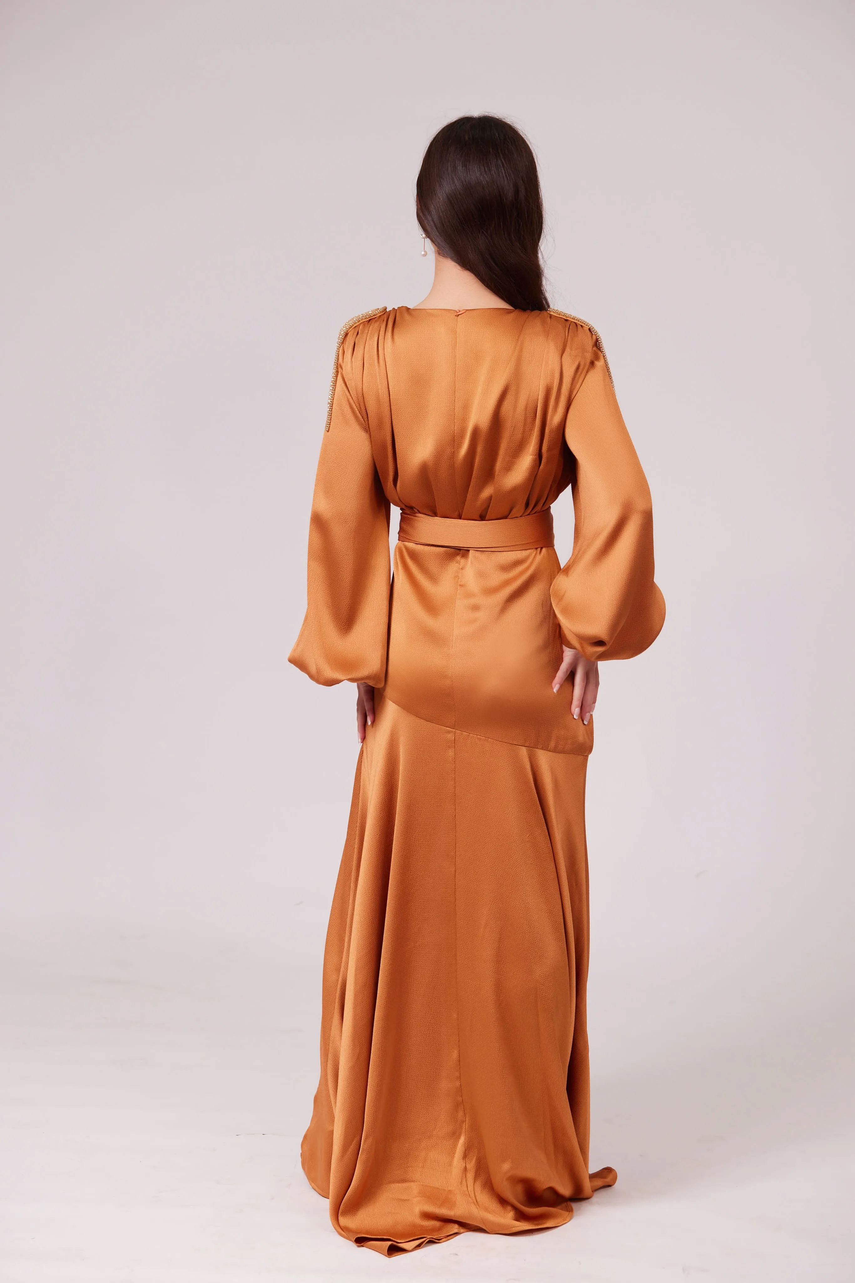 SABRINA GOLDEN CARAMEL V-Neck Slit Maxi Dress