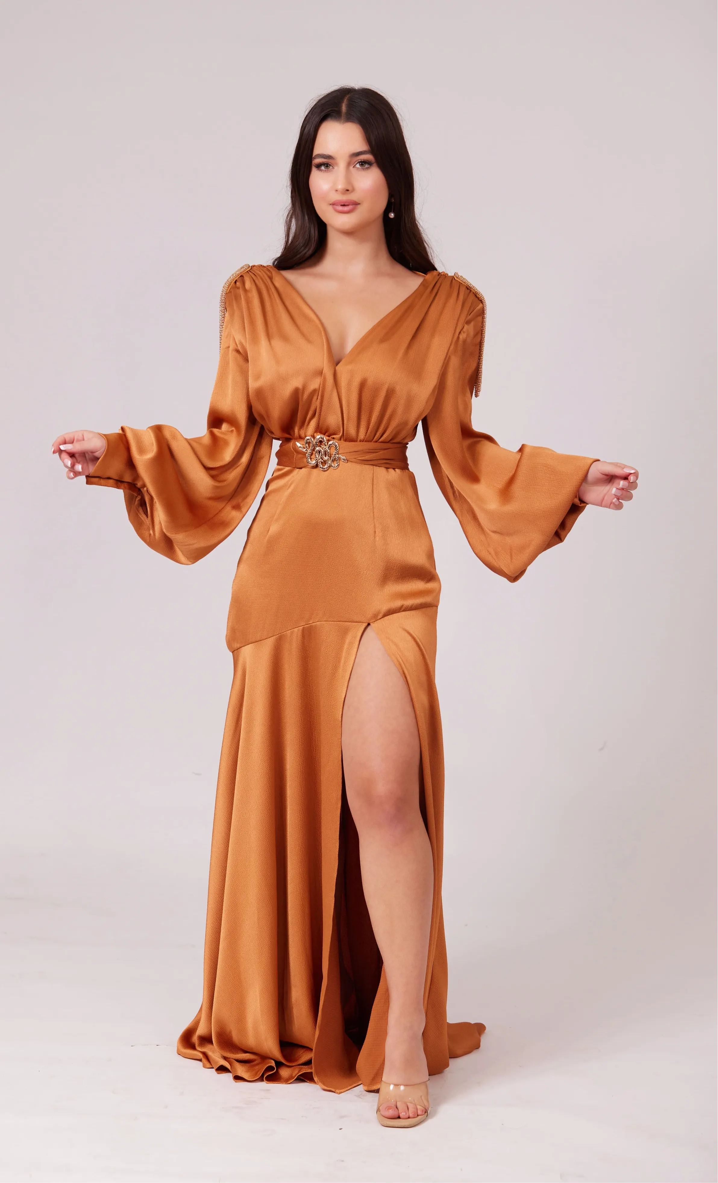 SABRINA GOLDEN CARAMEL V-Neck Slit Maxi Dress