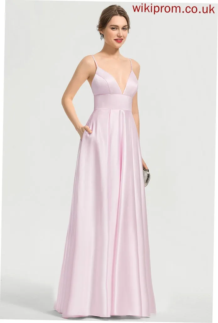 Satin V-neck Floor-Length Prom Dresses Karma A-Line