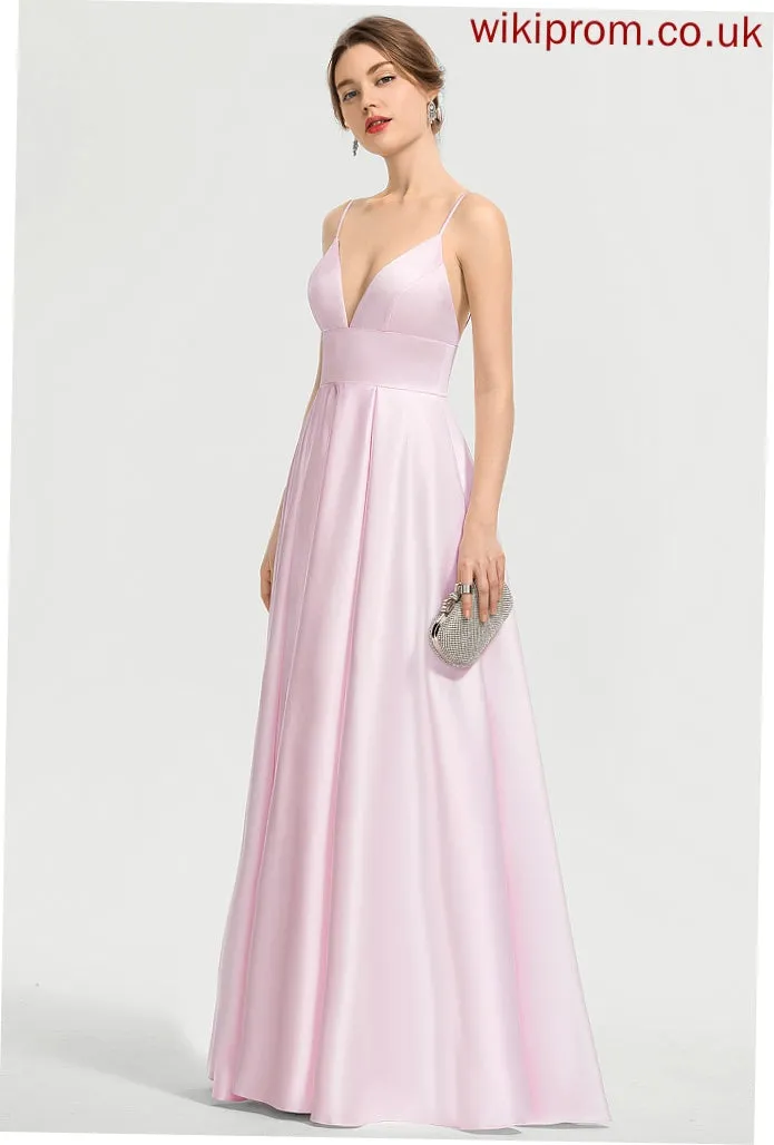 Satin V-neck Floor-Length Prom Dresses Karma A-Line