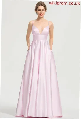 Satin V-neck Floor-Length Prom Dresses Karma A-Line