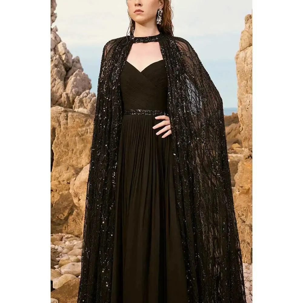 Shiny Lace Shawl Gown Elegant Floor Length Black Dress