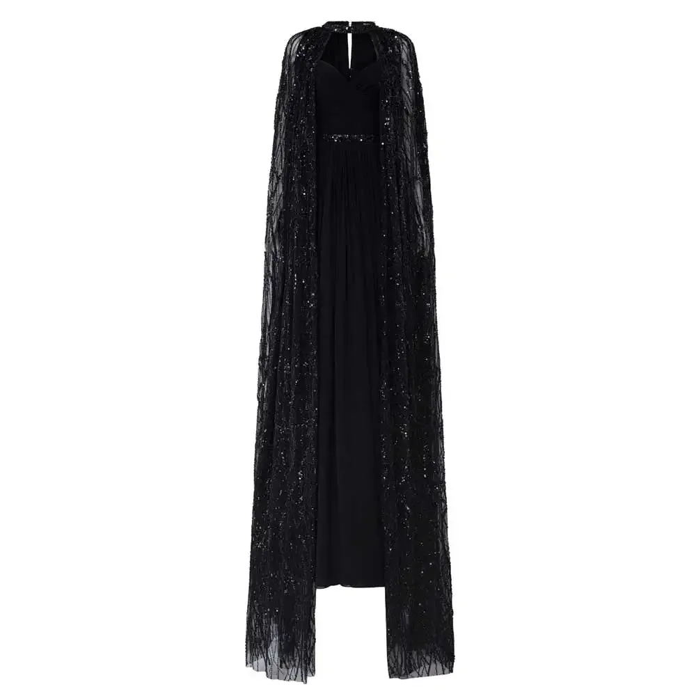 Shiny Lace Shawl Gown Elegant Floor Length Black Dress