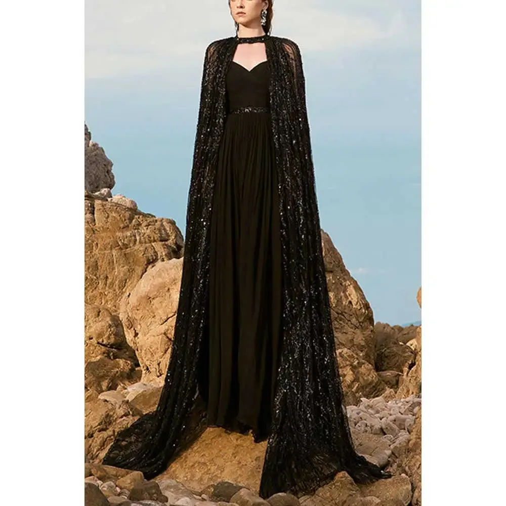 Shiny Lace Shawl Gown Elegant Floor Length Black Dress