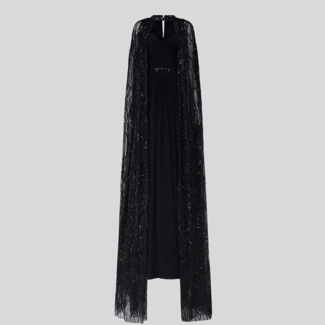 Shiny Lace Shawl Gown Elegant Floor Length Black Dress