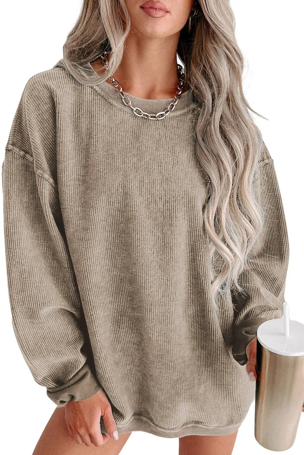 Solid Ribbed Round Neck Pullover Sweatshirt