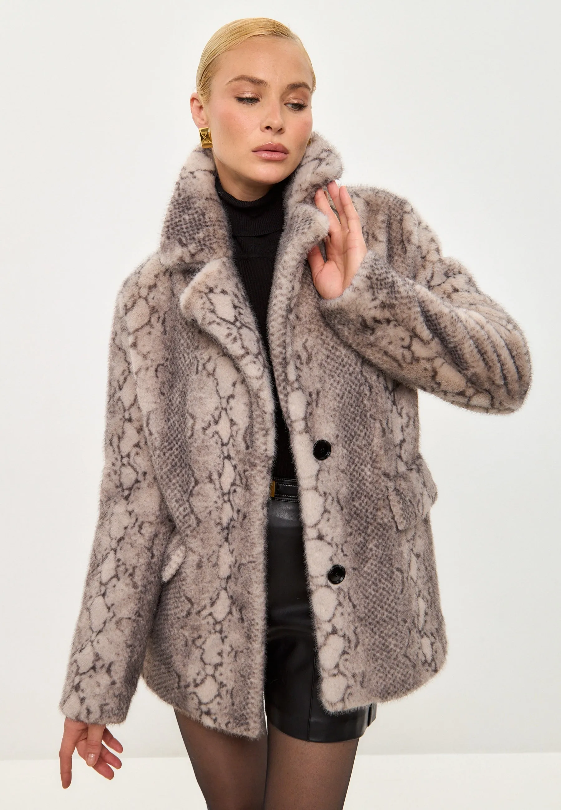 Stylish Beige Snake Print Faux Fur Coat Niuvis - Beige