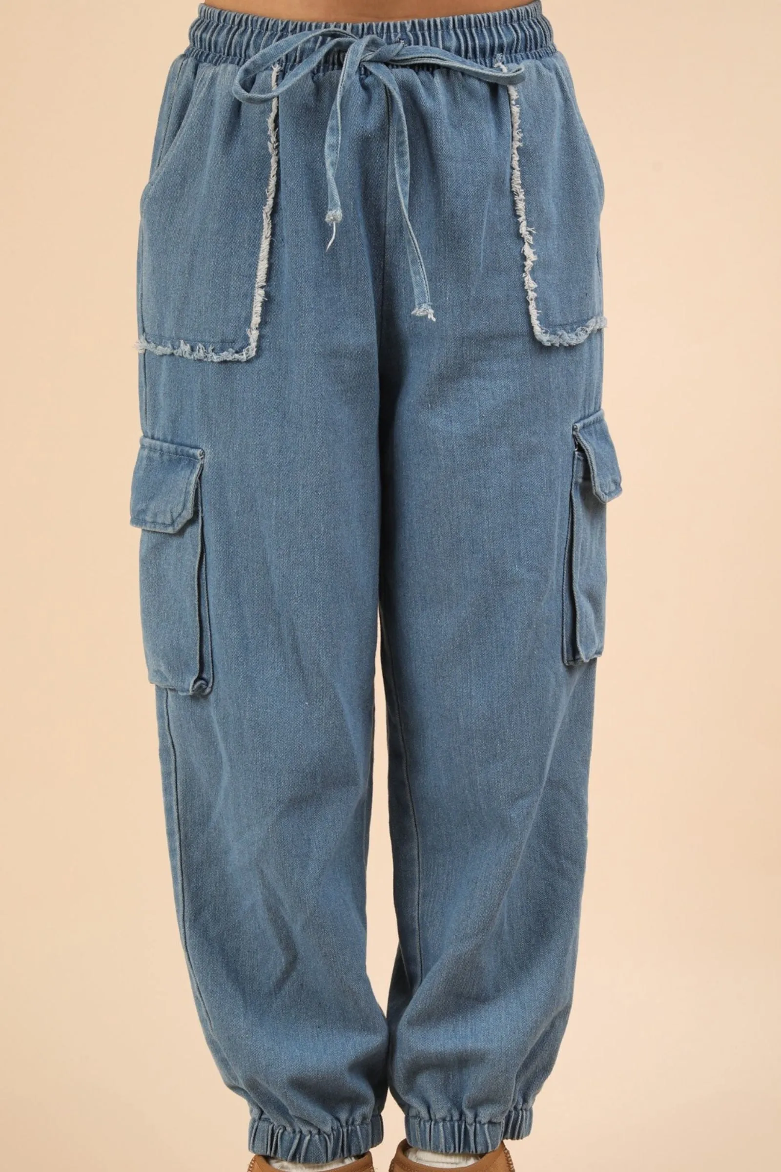 Washed Indigo Denim Jogger Cargo Pants