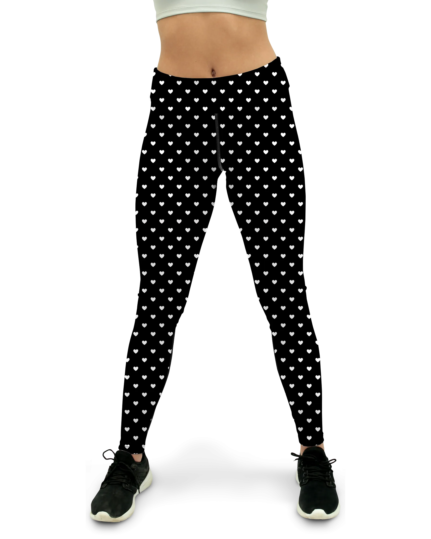 White Mini Hearts Black Yoga Pants