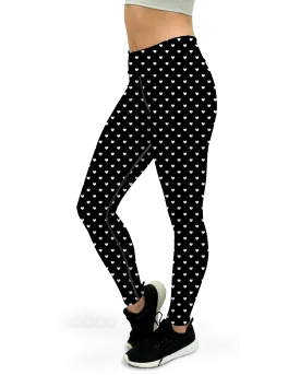 White Mini Hearts Black Yoga Pants