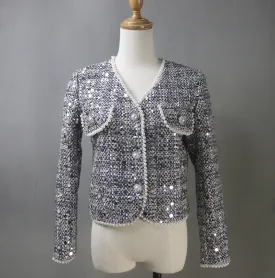 Women Grey Sequinned Jacket With Pearls / Custom Sizes