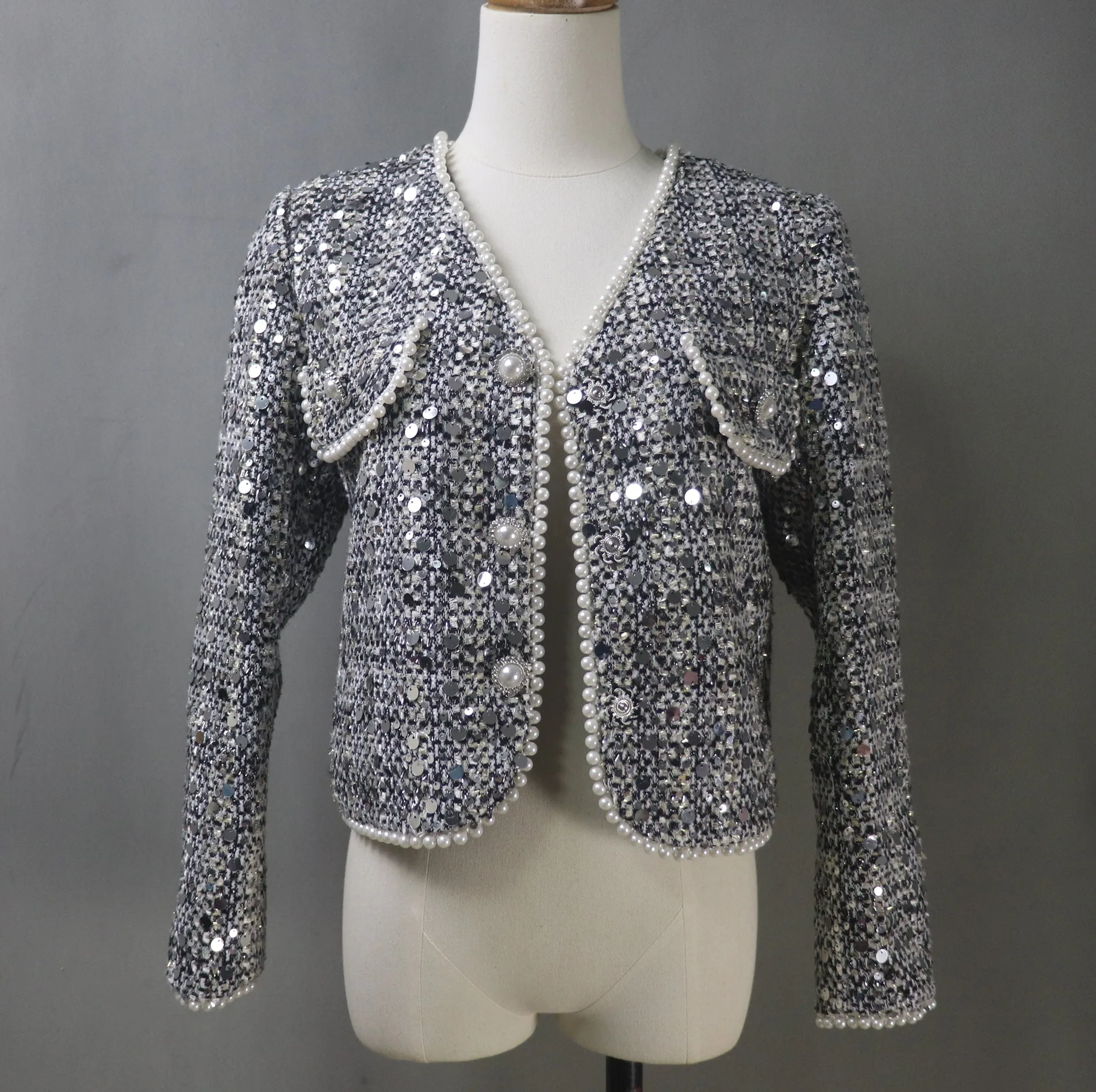 Women Grey Sequinned Jacket With Pearls / Custom Sizes