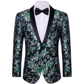 YourTies Dark Green Silver Floral Silk Shawl Collar Slim Fit Suit for Men